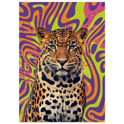 Detaljbild av en leopard med psykedelisk bakgrund, fokuserad på djurets uttryck – Tecknad poster
