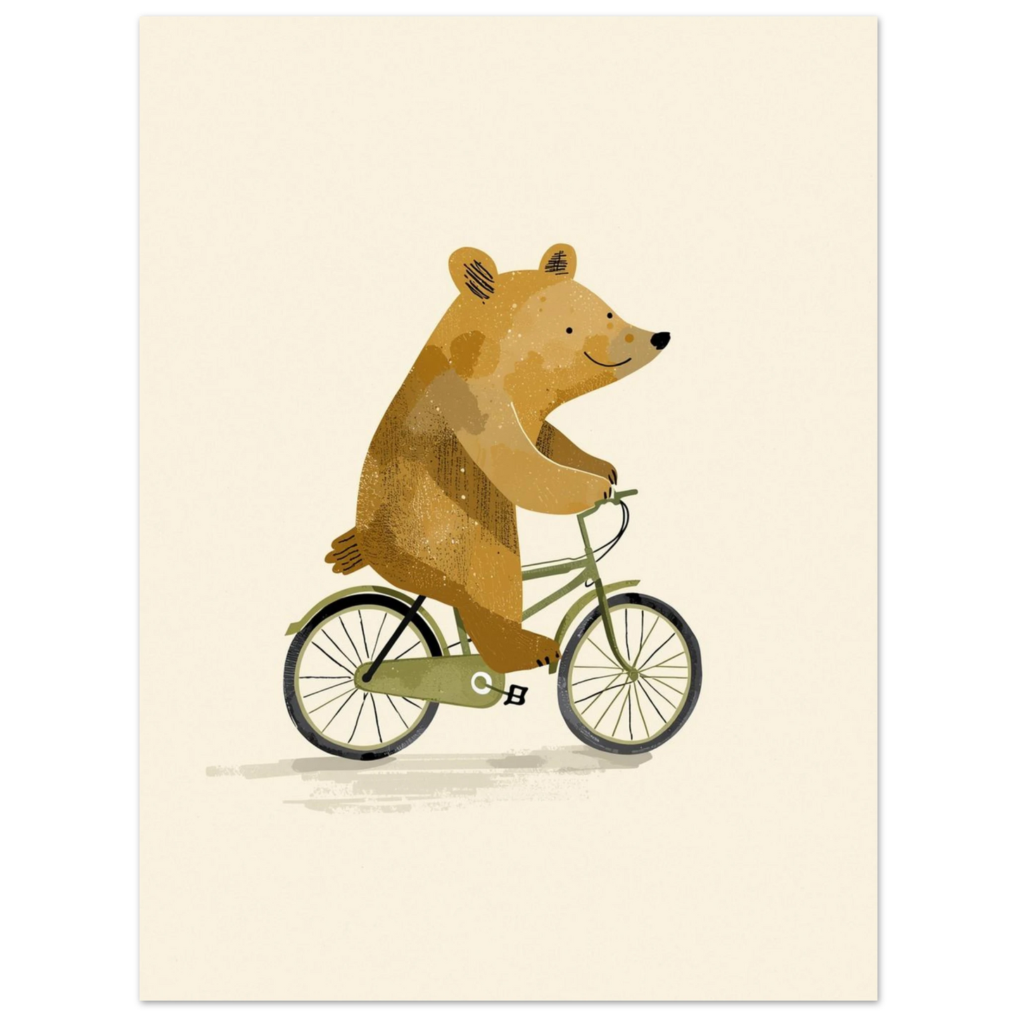 Konstnärligt print av en leende björn på cykeltur i minimalistisk stil