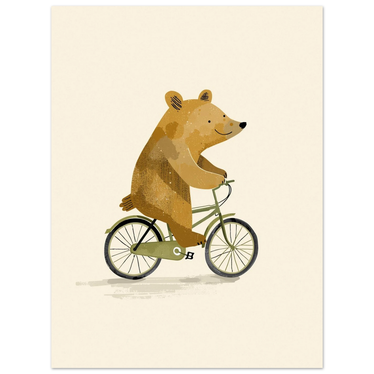Konstnärligt print av en leende björn på cykeltur i minimalistisk stil