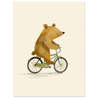 Konstnärligt print av en leende björn på cykeltur i minimalistisk stil
