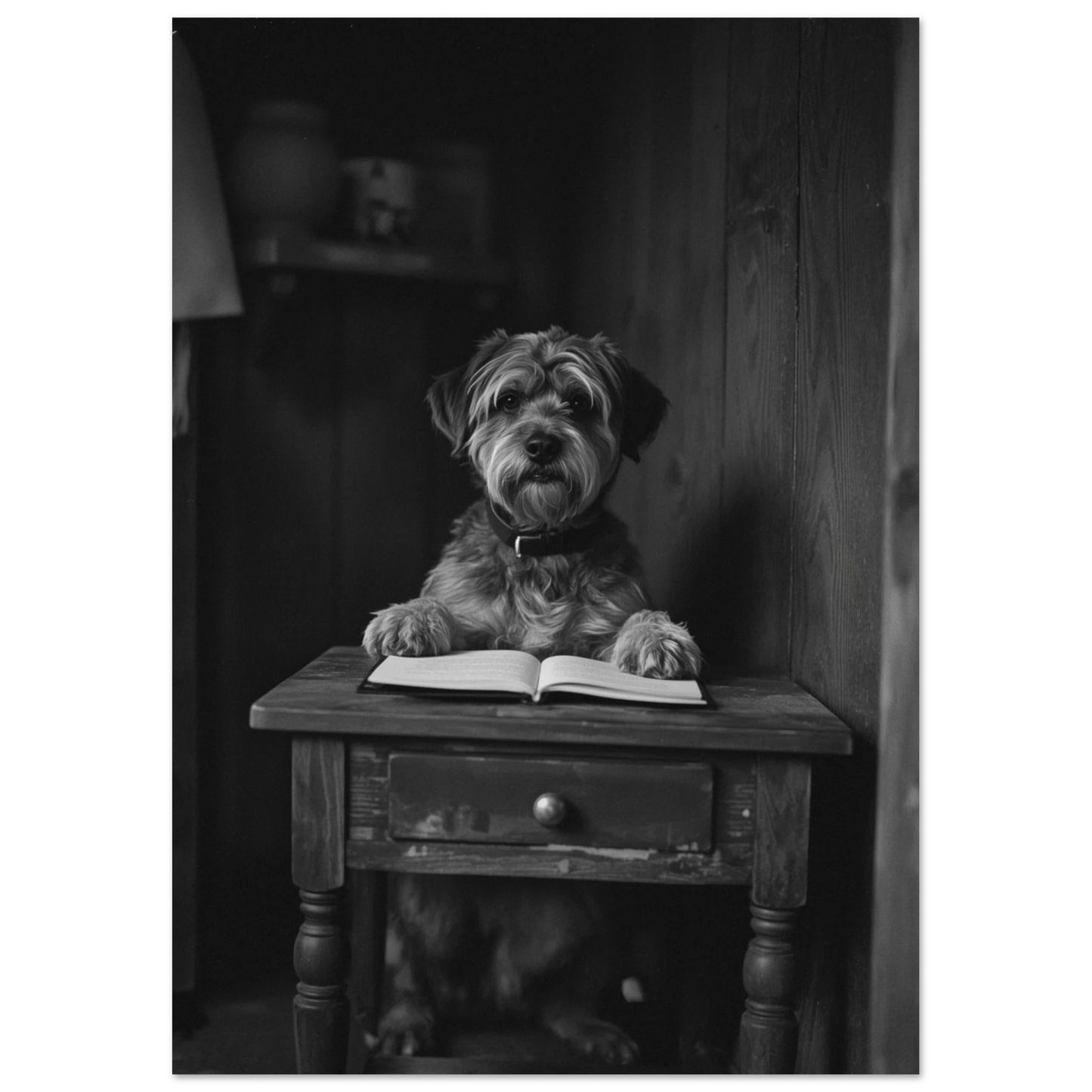 Vintageinspirerad hundmotiv tavla föreställande en terrier med tassar på öppen bok