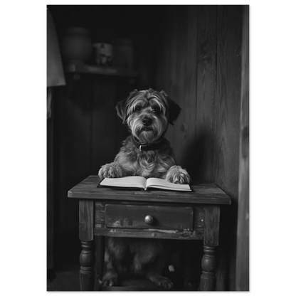 Vintageinspirerad hundmotiv tavla föreställande en terrier med tassar på öppen bok