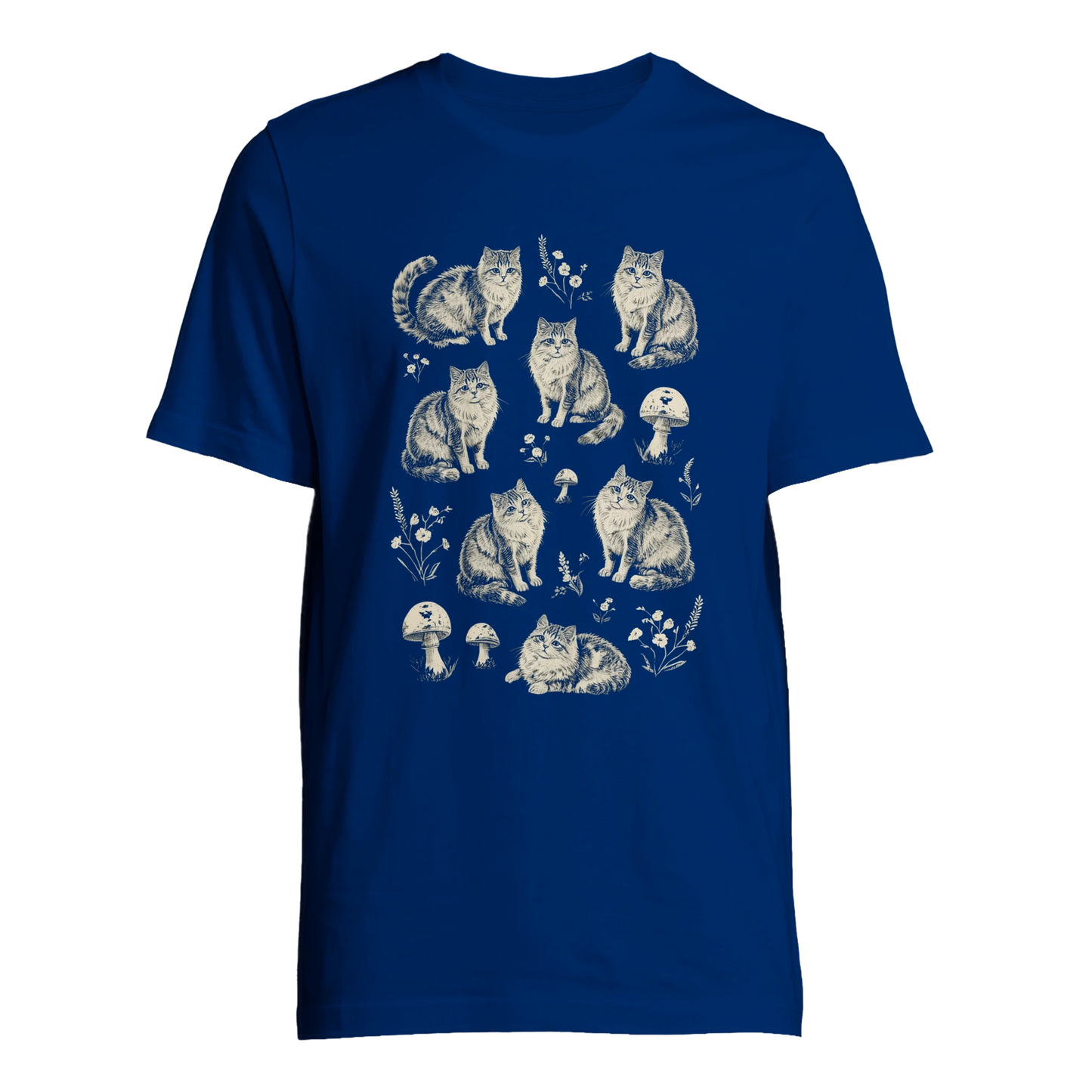 Klarblå t-shirt med ett detaljrikt mönster av katter och botaniska detaljer