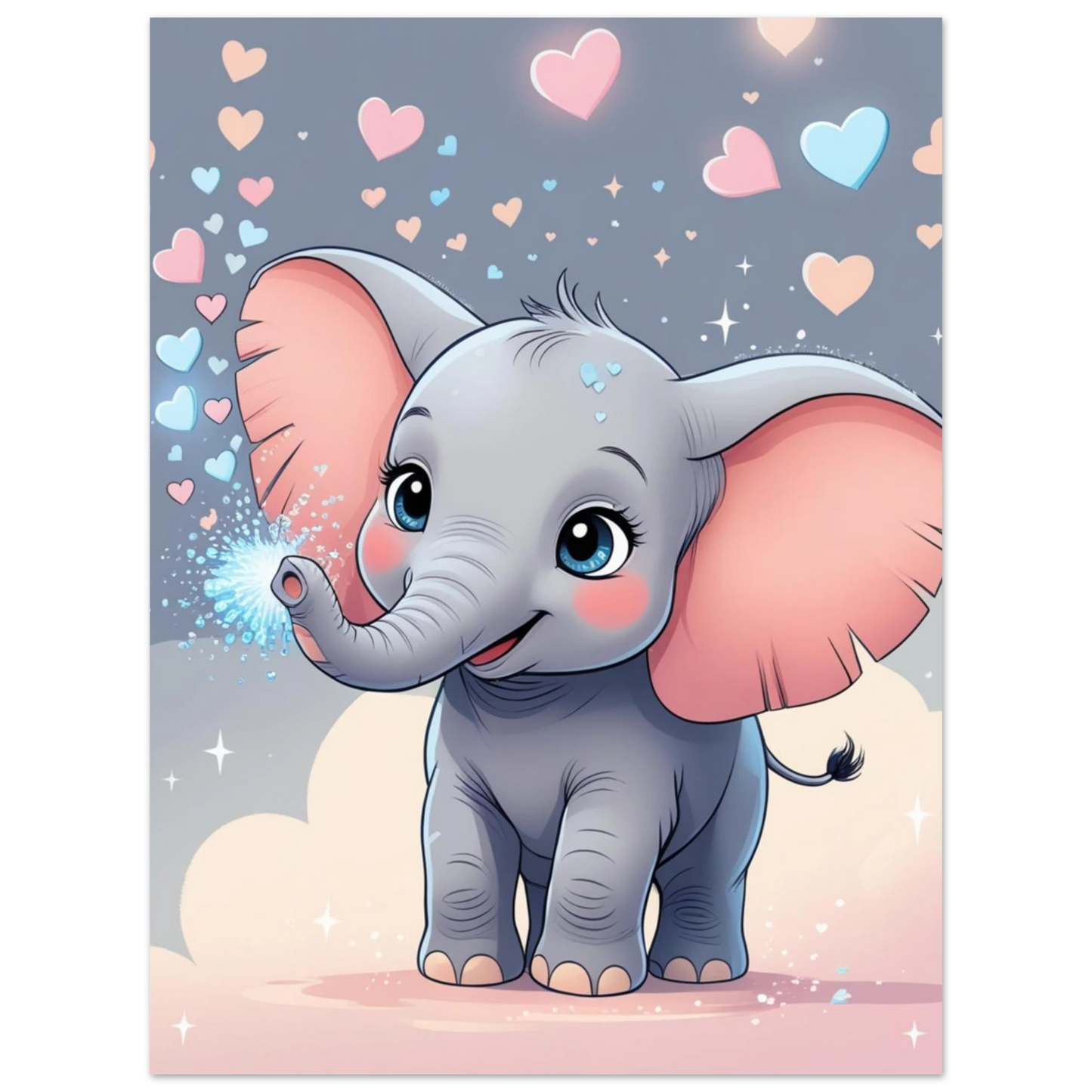 Charmigt djurmotiv med en liten elefant och hjärtformade bubblor i luften