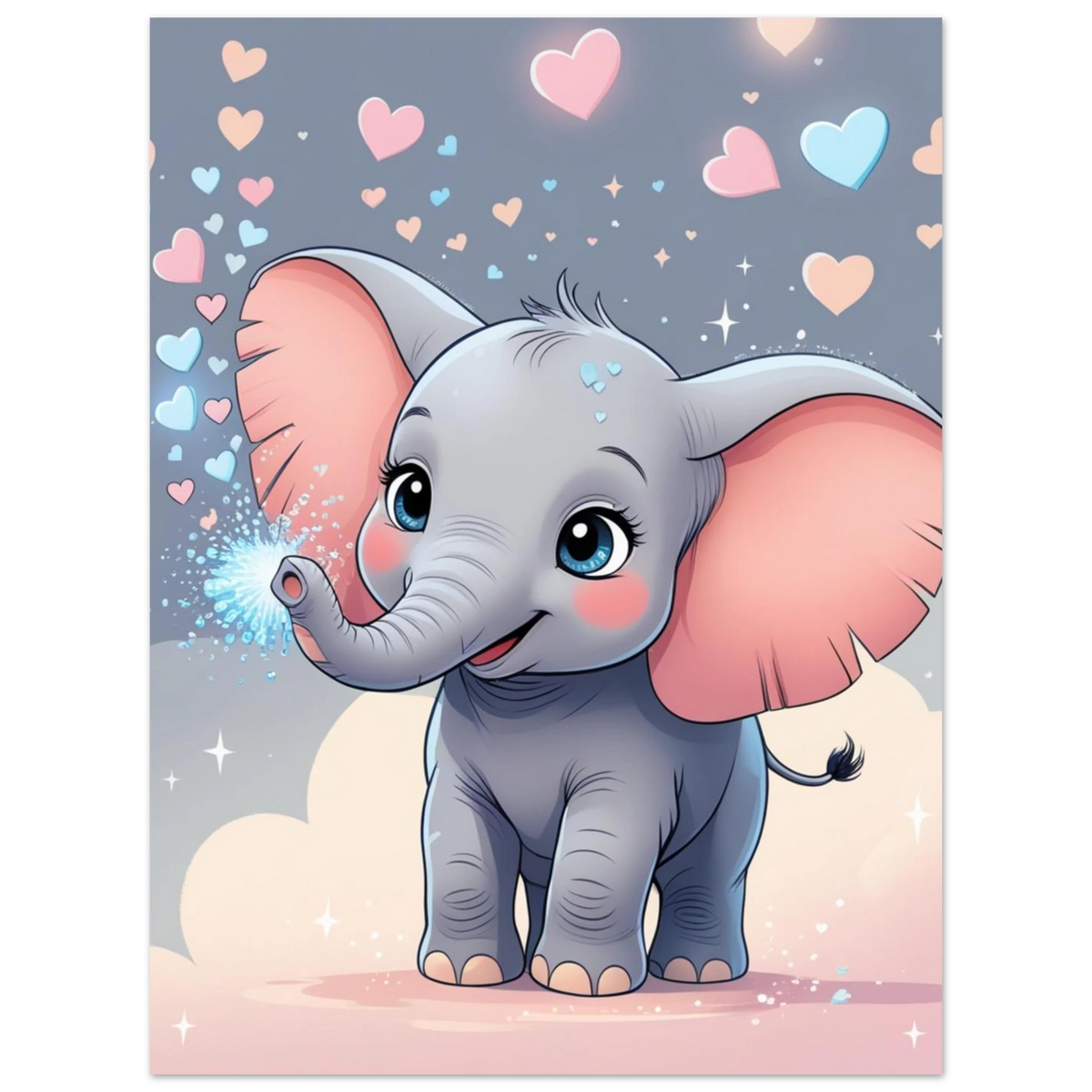 Charmigt djurmotiv med en liten elefant och hjärtformade bubblor i luften
