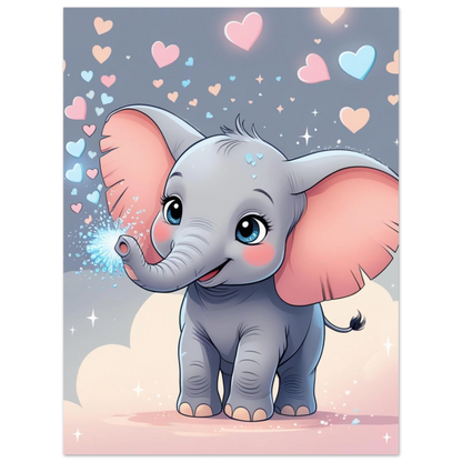 Charmigt djurmotiv med en liten elefant och hjärtformade bubblor i luften