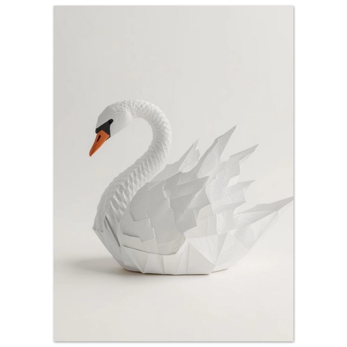 Närbild på pappersvikt svan, konstnärlig origami-poster med orange näbb