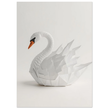 Närbild på pappersvikt svan, konstnärlig origami-poster med orange näbb