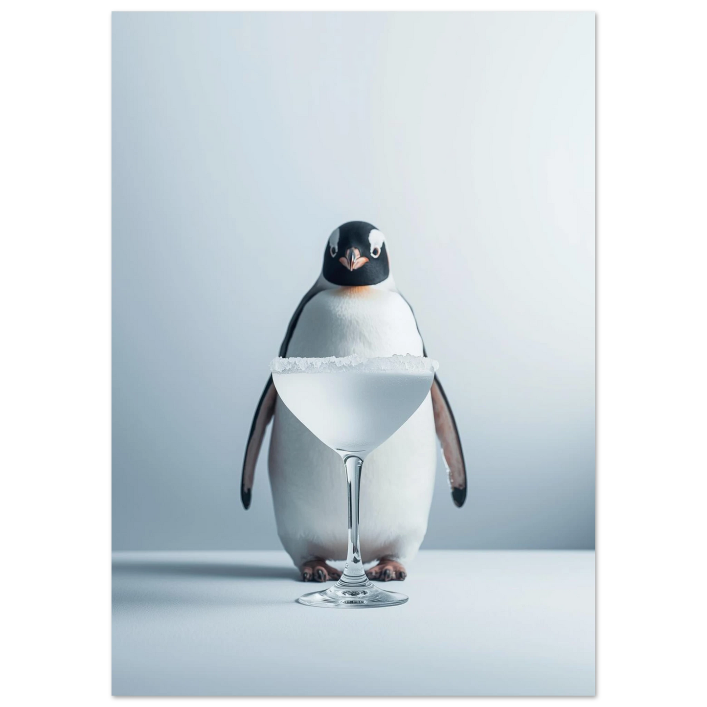 Elegant pingvinmotiv med cocktailglas, stilren väggkonst för barhörnan