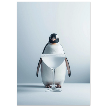 Elegant pingvinmotiv med cocktailglas, stilren väggkonst för barhörnan