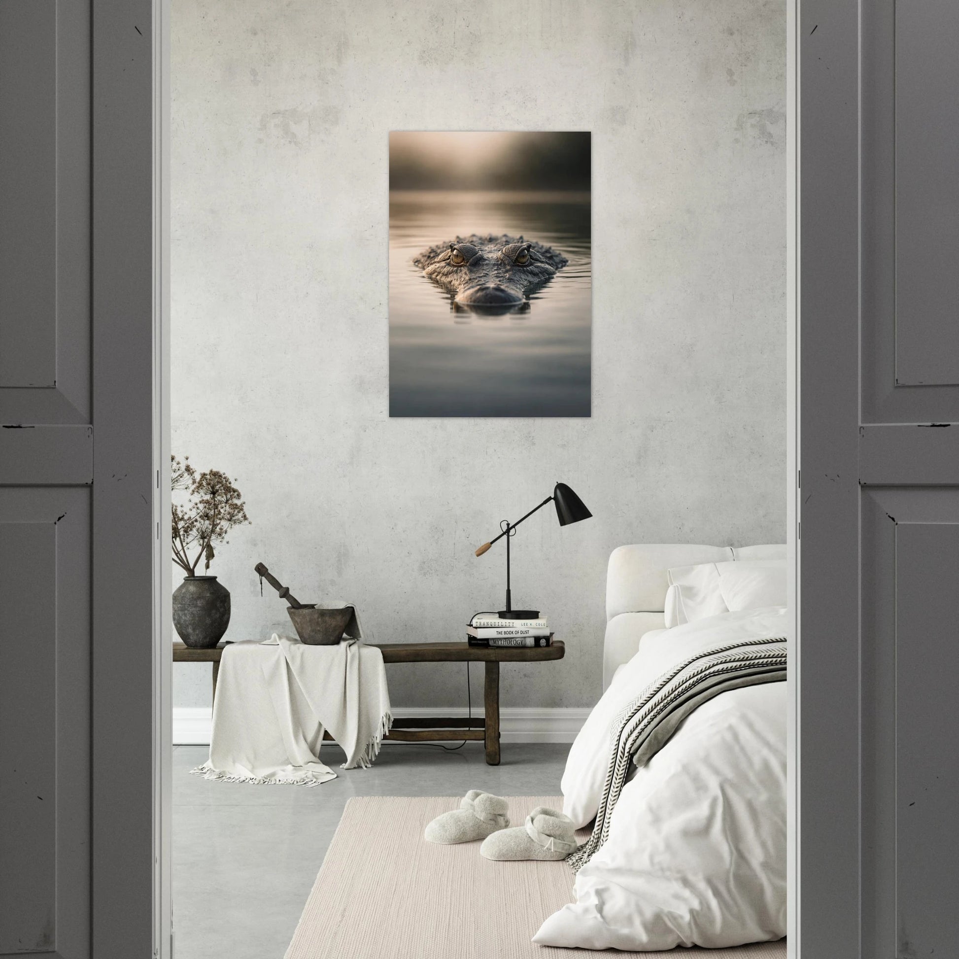 Detaljerad krokodil i lugnt vatten med dimmig bakgrund – Fotorealistisk poster