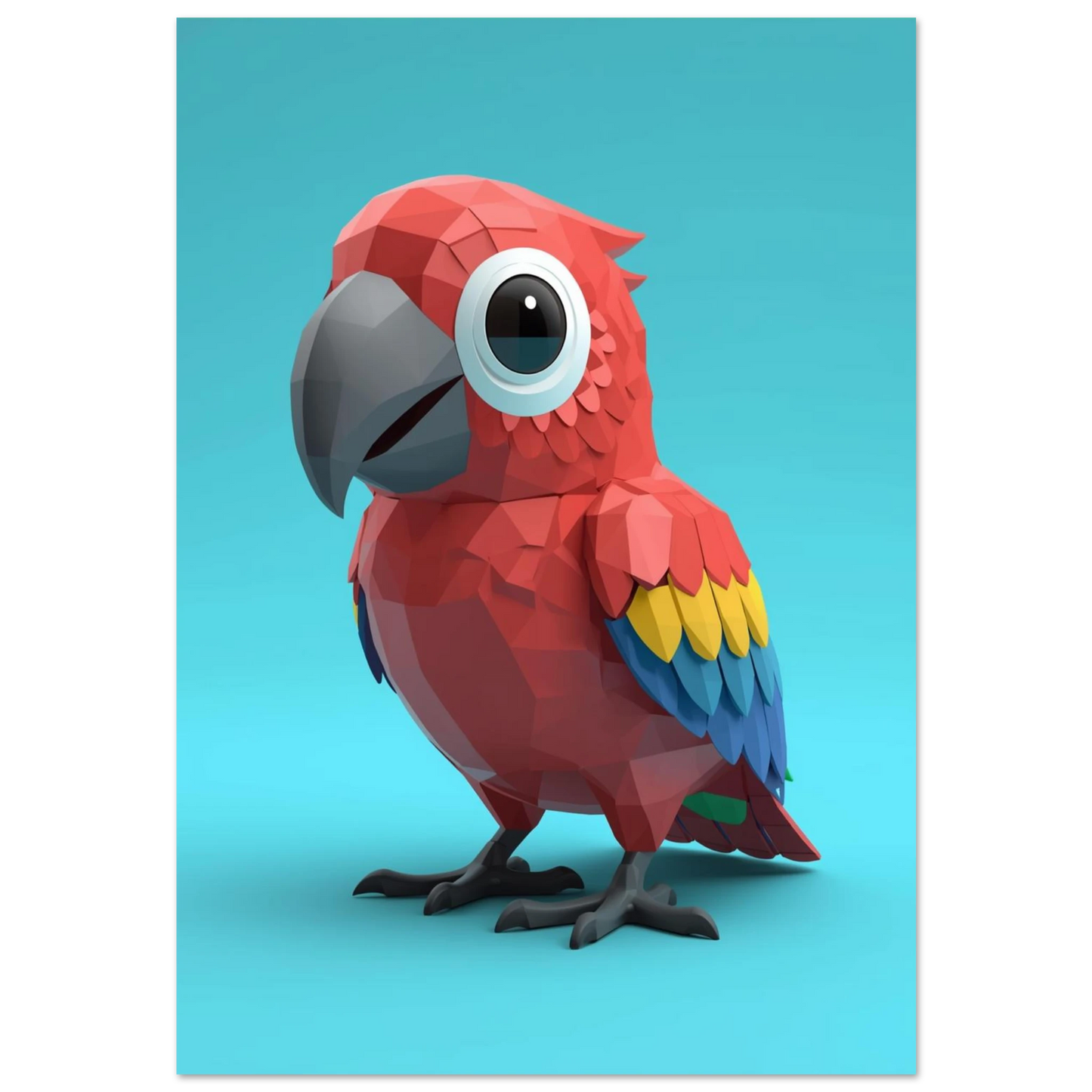 Röd papegoja i low-poly stil mot ljusblå bakgrund – modern djurposter