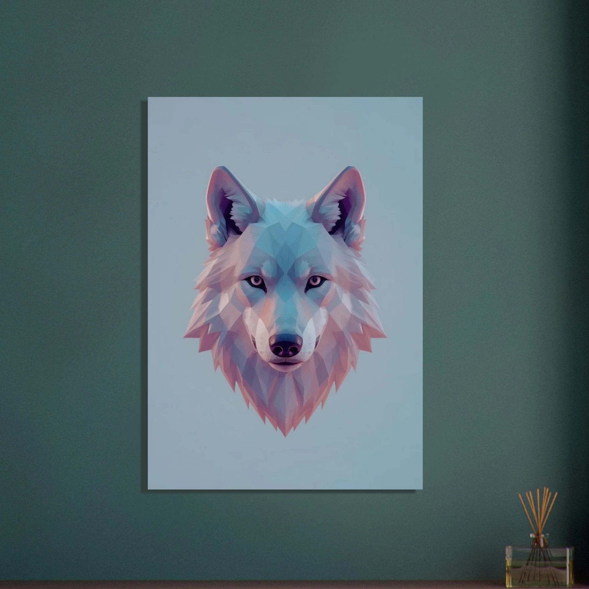 Lowpoly 3D-varg i geometrisk stil med lugna färger