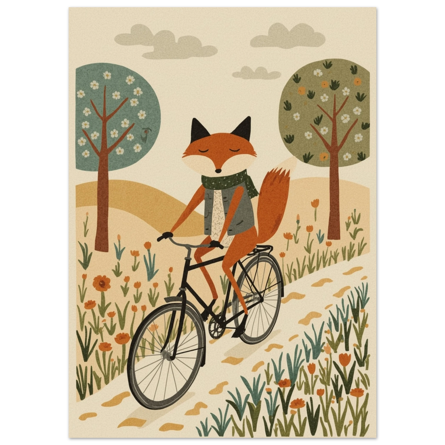 Räv på cykel i ljust, färgrikt landskap med en neutralare bakgrund – Tecknad poster