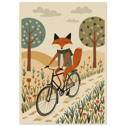 Räv på cykel i ljust, färgrikt landskap med en neutralare bakgrund – Tecknad poster