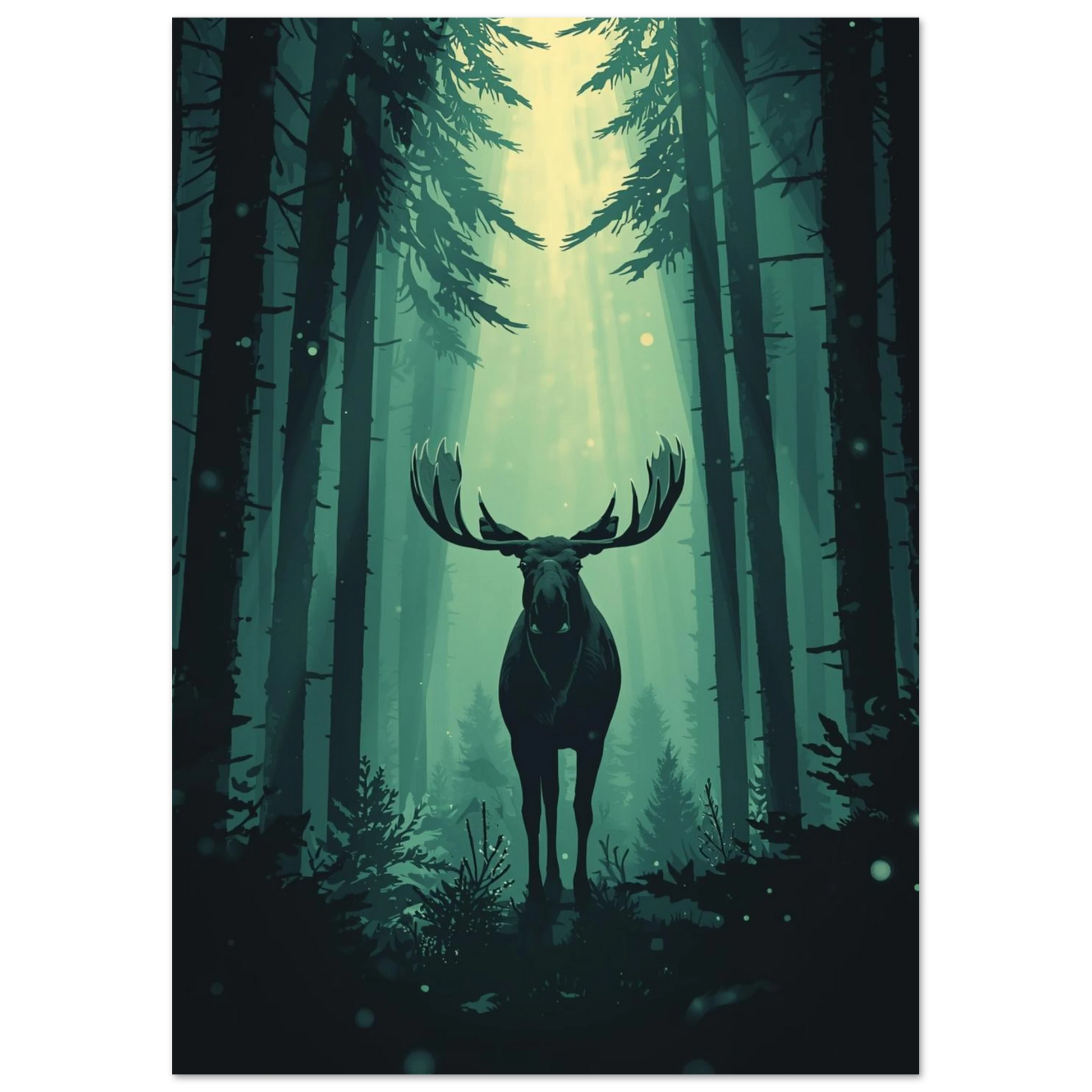 Konstnärlig illustration av skogens konung bland höga tallar och ljus