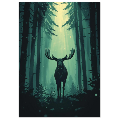 Konstnärlig illustration av skogens konung bland höga tallar och ljus