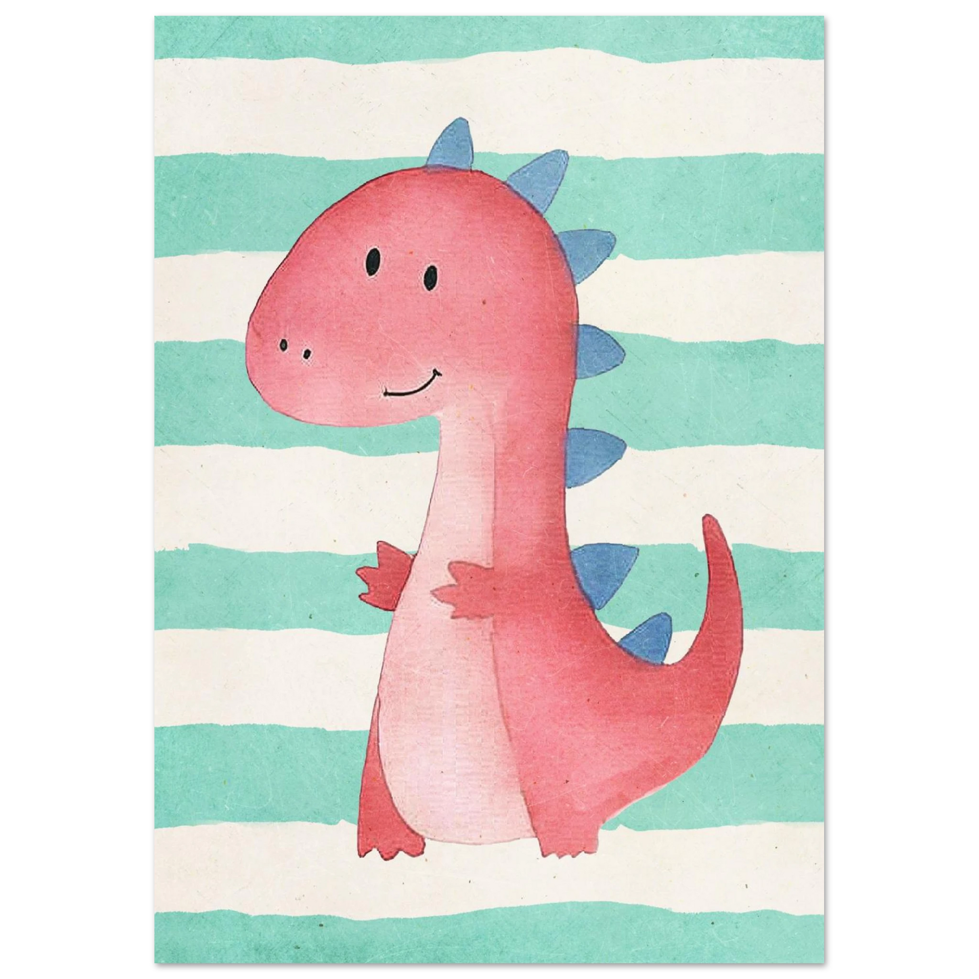 Vänlig rosa dinosaurie med ett leende, handmålad illustration som väggkonst