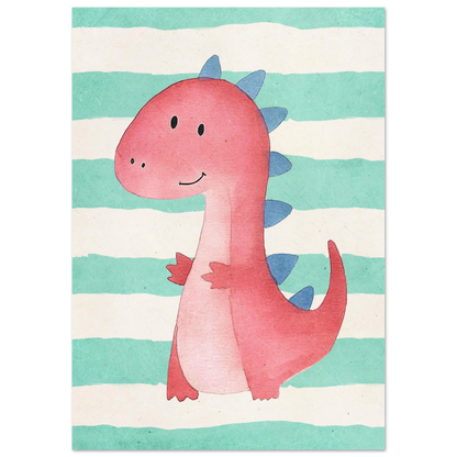 Vänlig rosa dinosaurie med ett leende, handmålad illustration som väggkonst