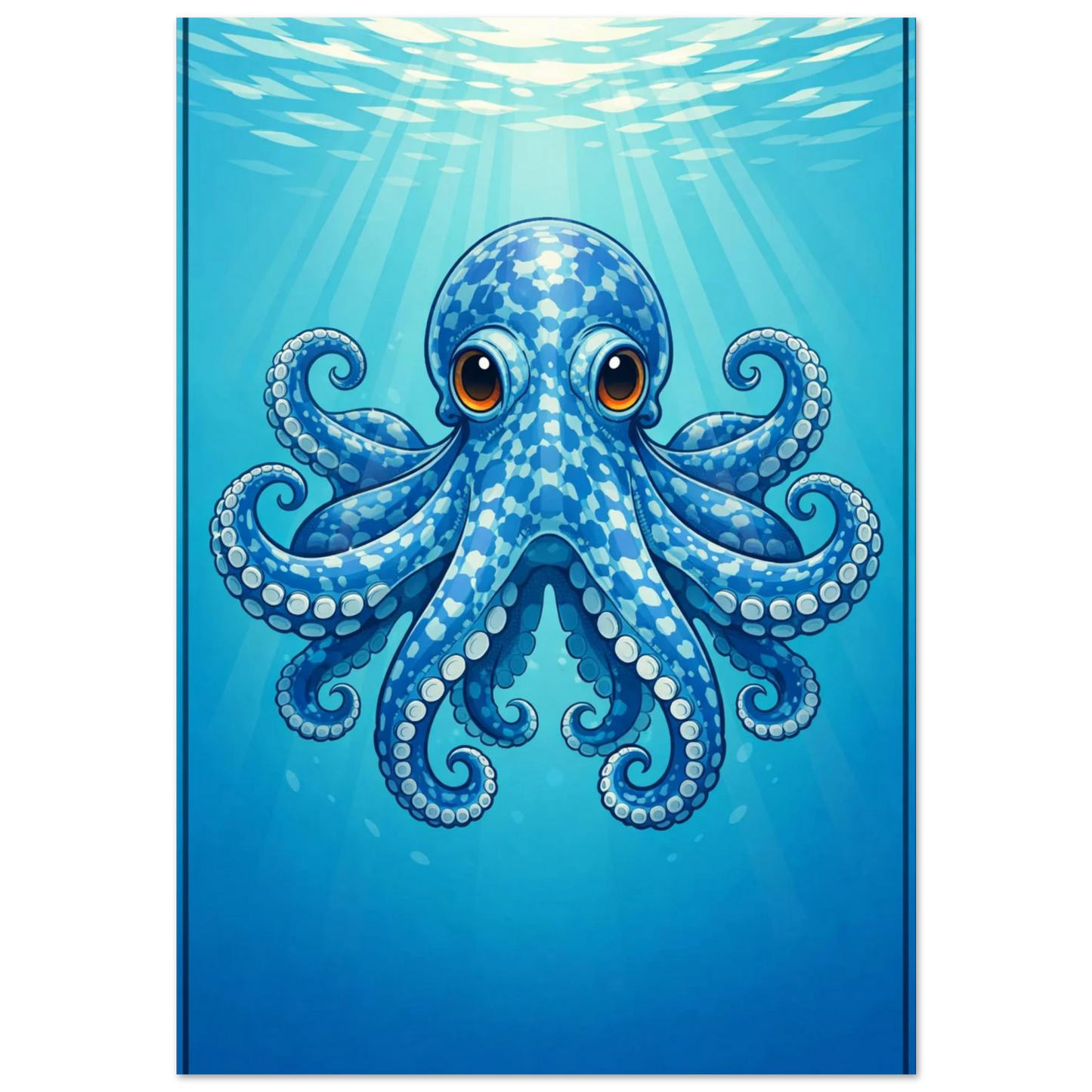 Blåmönstrad bläckfisk med stora ögon under vattenytan – digital illustration