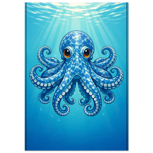 Blåmönstrad bläckfisk med stora ögon under vattenytan – digital illustration