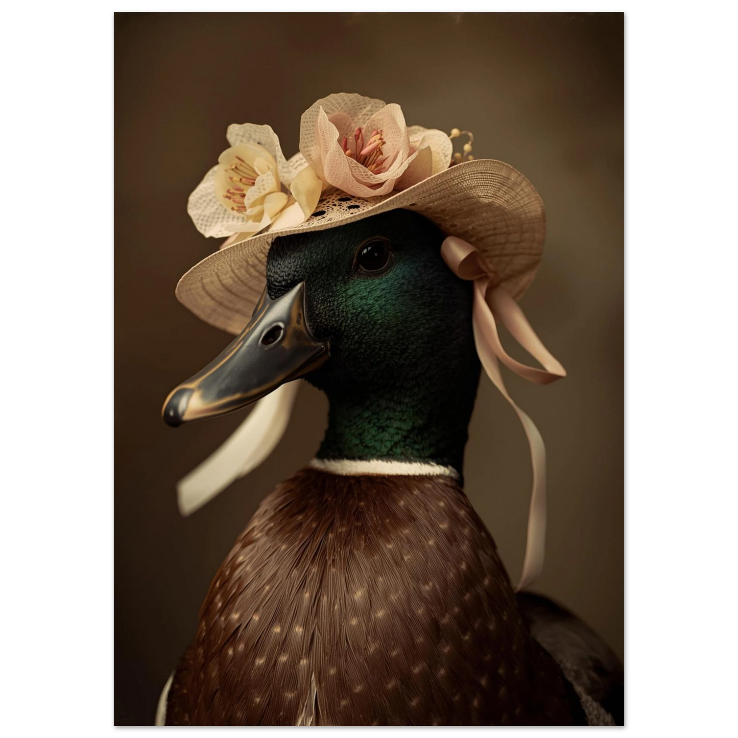 Närbild på gräsand med blommig hatt och sidenband – konstnärligt print