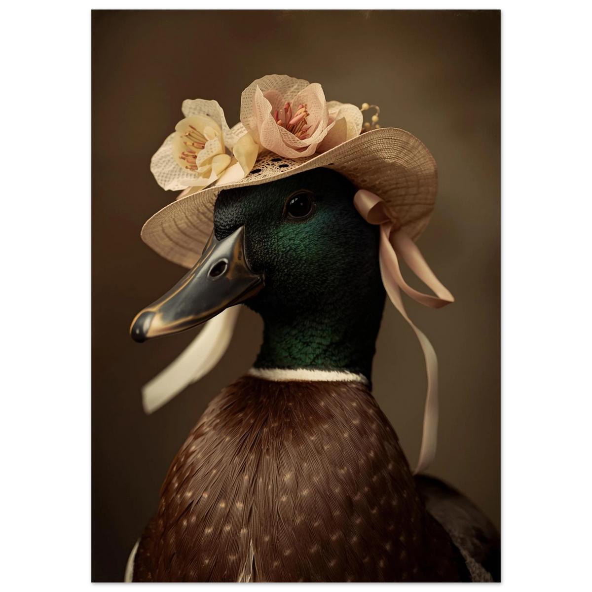 Närbild på gräsand med blommig hatt och sidenband – konstnärligt print