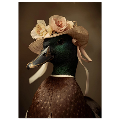 Närbild på gräsand med blommig hatt och sidenband – konstnärligt print