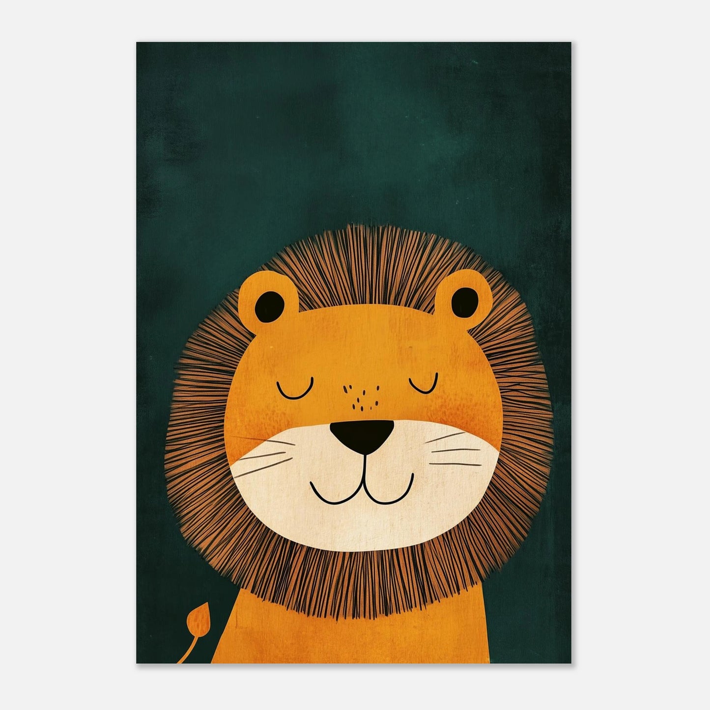Fridfullt djurprint föreställande ett drömmande lejon i modern stil