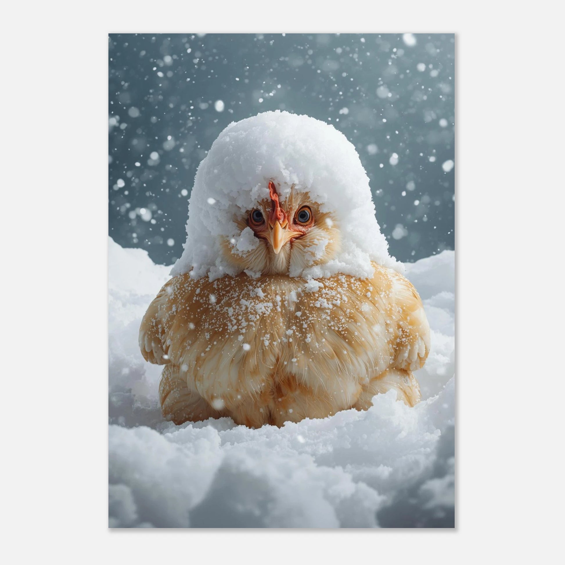Vintermotiv av en fluffig kyckling omgiven av vit nysnö och frost