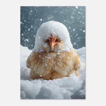 Vintermotiv av en fluffig kyckling omgiven av vit nysnö och frost