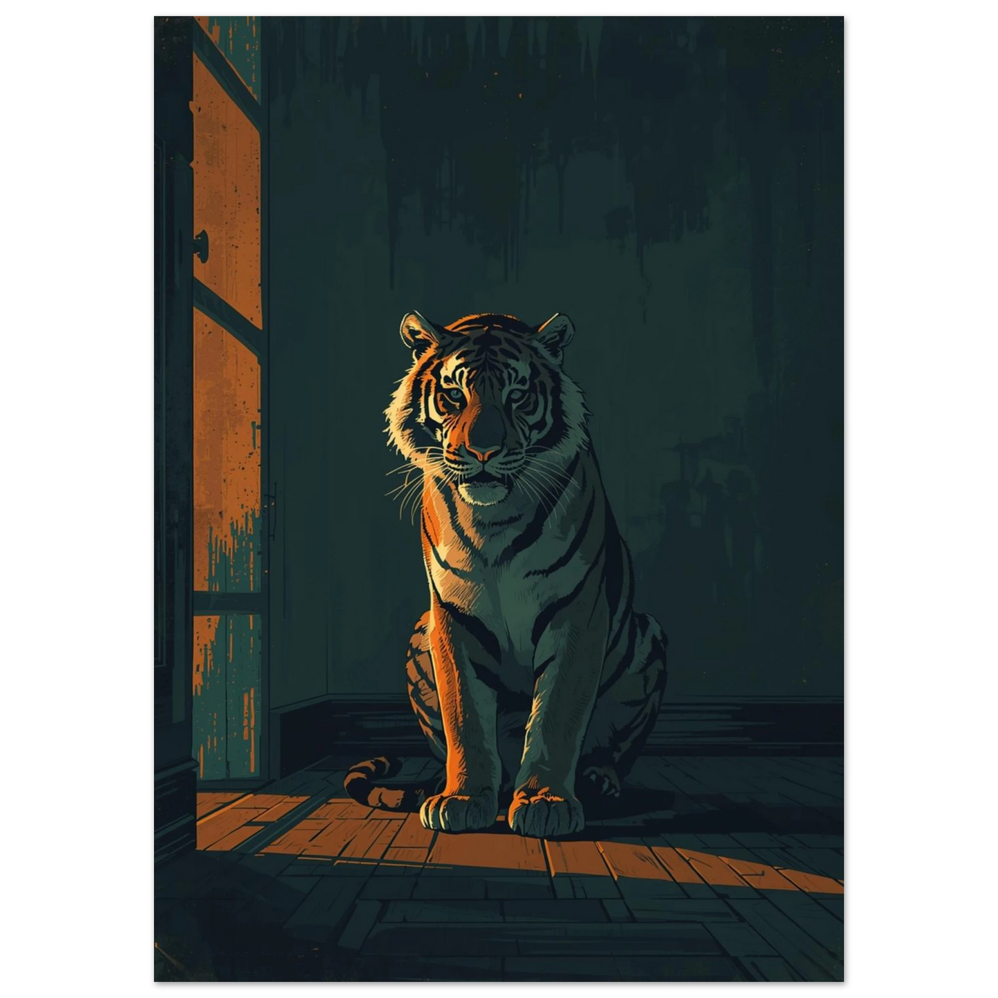 Närbild på tiger i skugga med orange ljusreflexer, stämningsfull djurposter