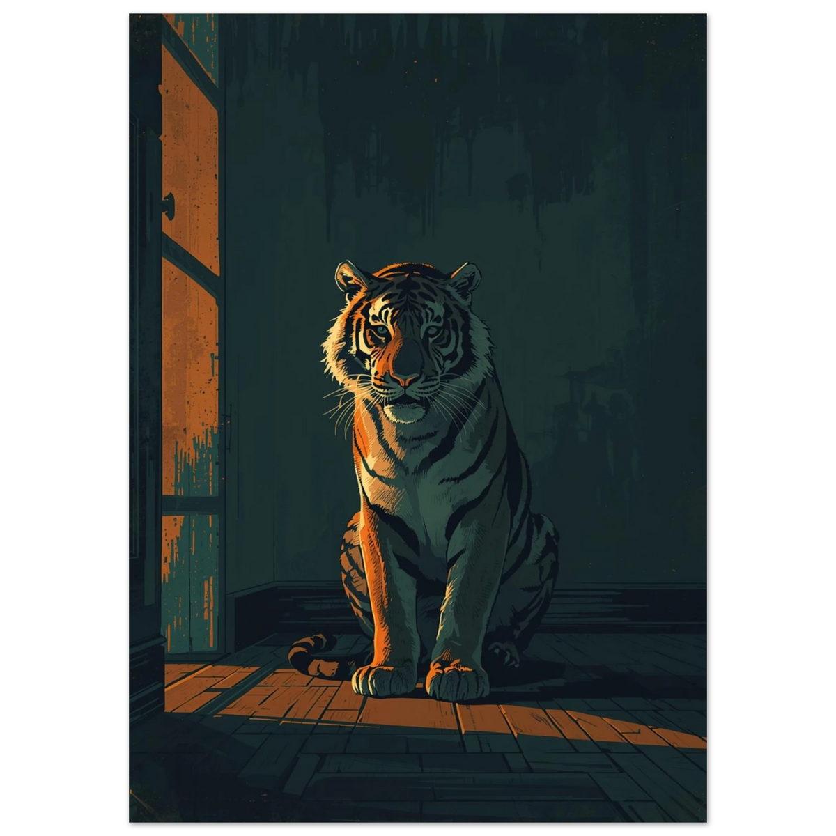 Närbild på tiger i skugga med orange ljusreflexer, stämningsfull djurposter