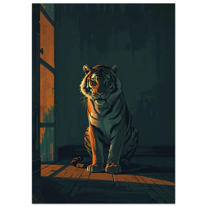 Närbild på tiger i skugga med orange ljusreflexer, stämningsfull djurposter