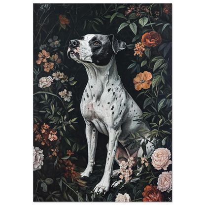 Sittande fläckig hund bland mörka blommor på svart bakgrund – konstnärlig poster