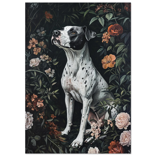 Sittande fläckig hund bland mörka blommor på svart bakgrund – konstnärlig poster