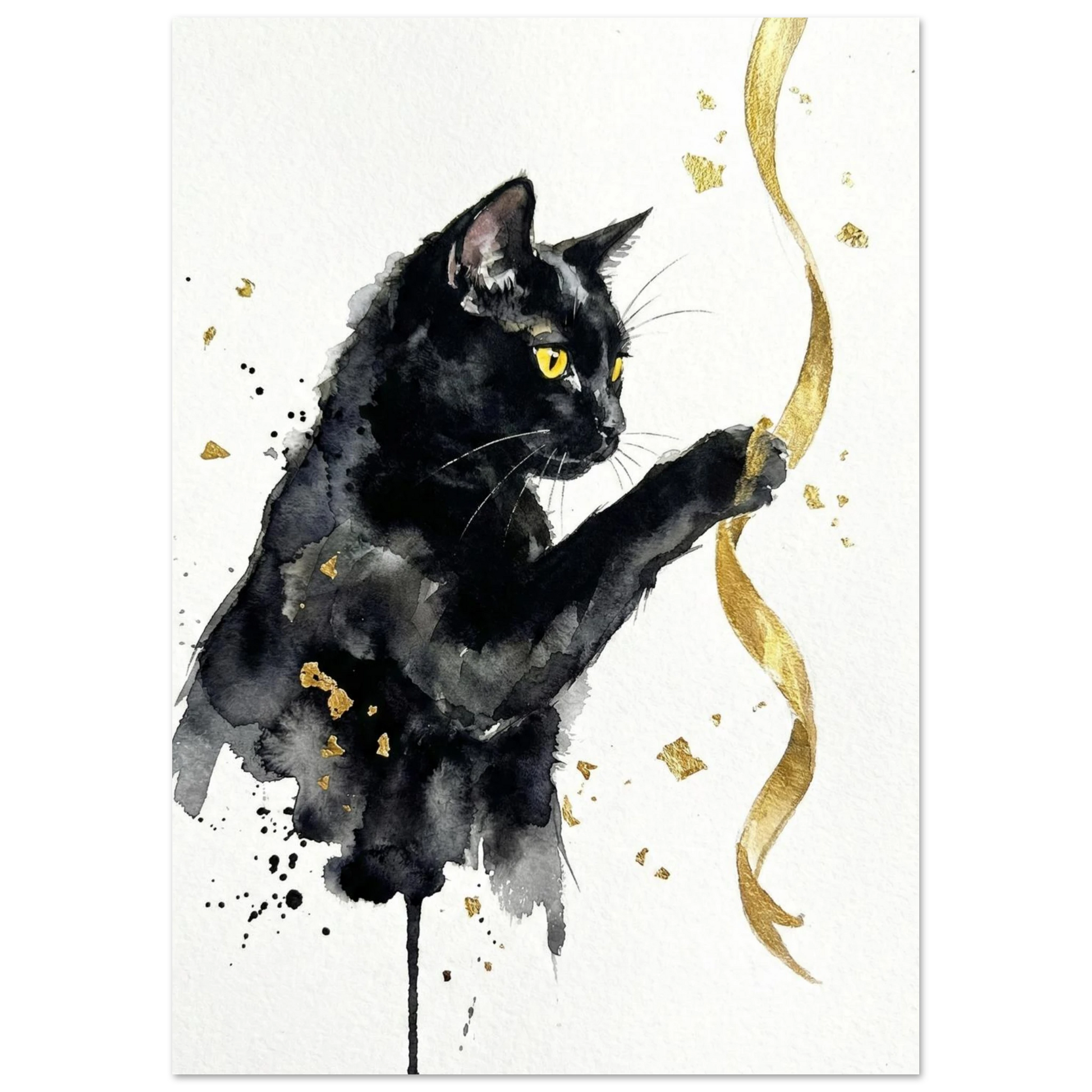 Konstnärligt print av svart katt som fångar ett gyllene band