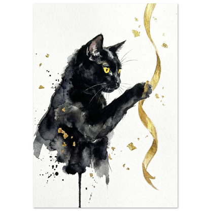 Konstnärligt print av svart katt som fångar ett gyllene band