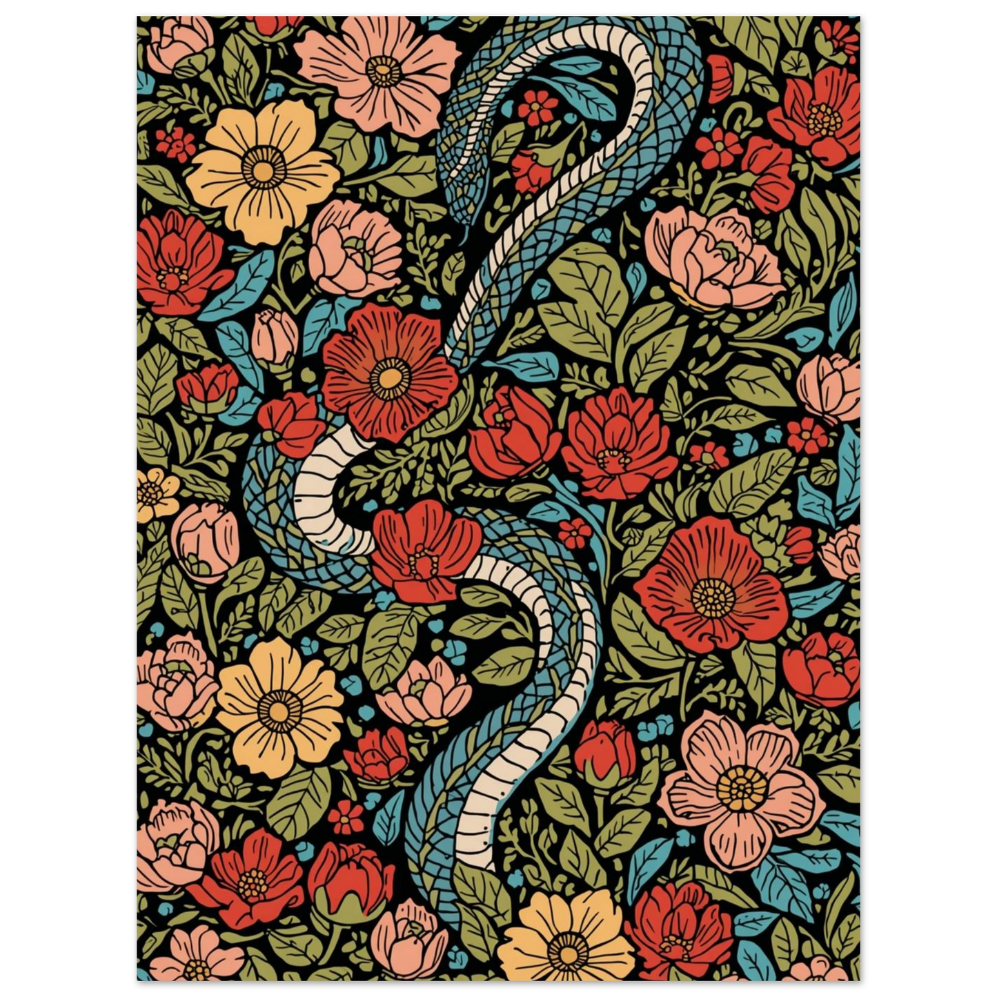 Vintageinspirerad poster med en blå orm bland dekorativa blommor och blad