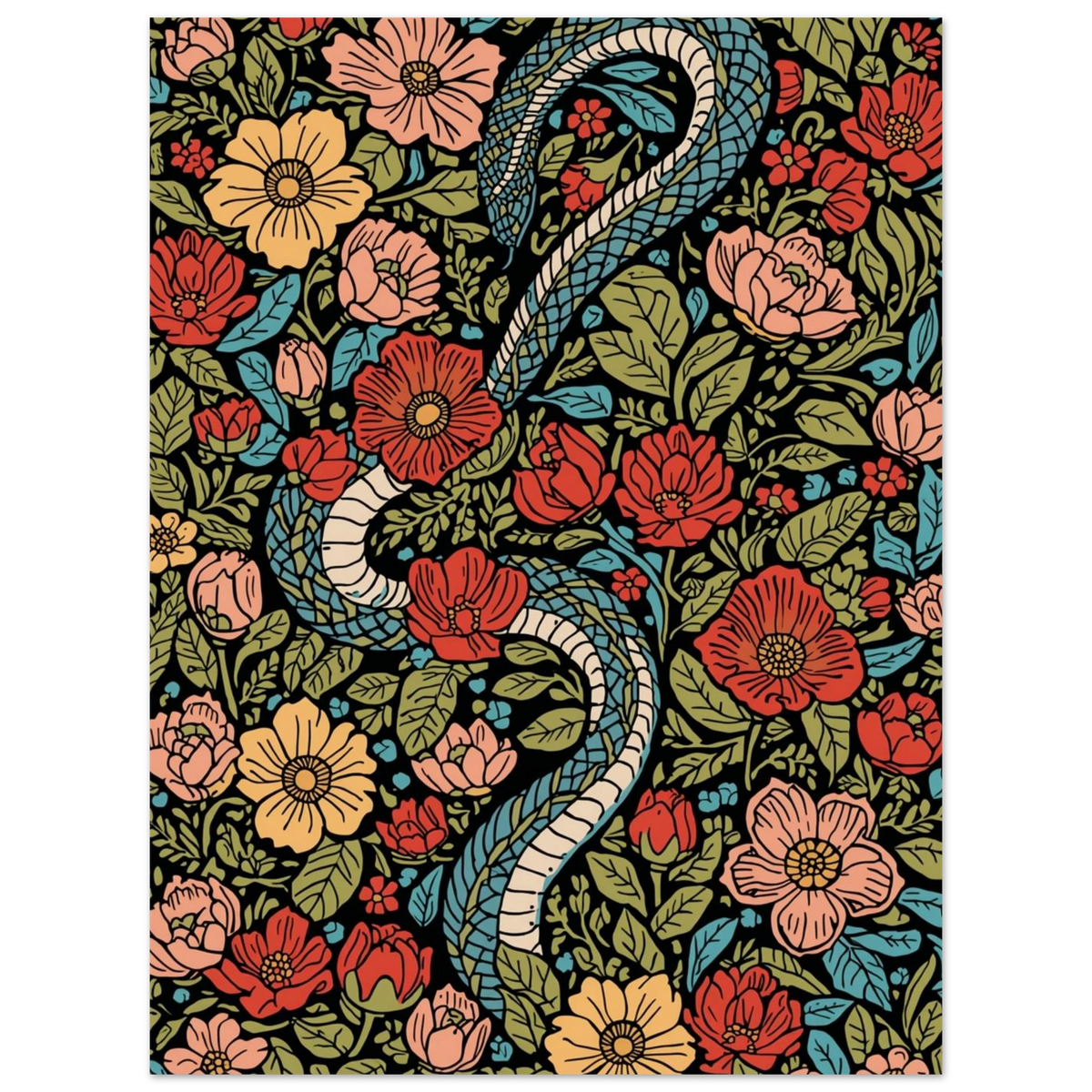 Vintageinspirerad poster med en blå orm bland dekorativa blommor och blad