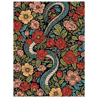 Vintageinspirerad poster med en blå orm bland dekorativa blommor och blad