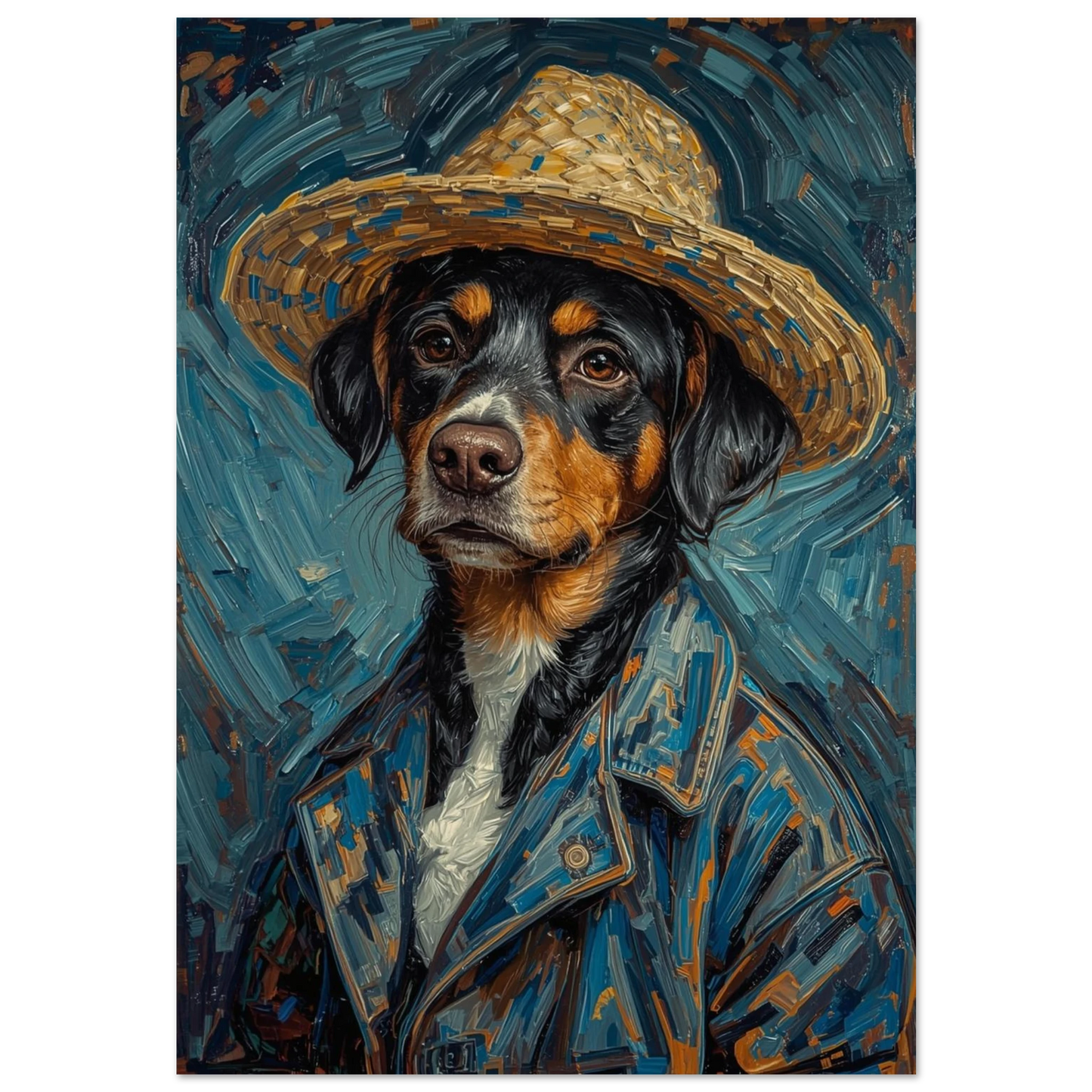 Impressionistisk hundposter med stråhatt och blå jacka i oljemålning
