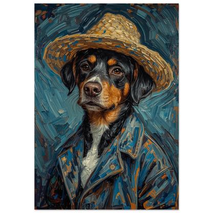 Impressionistisk hundposter med stråhatt och blå jacka i oljemålning