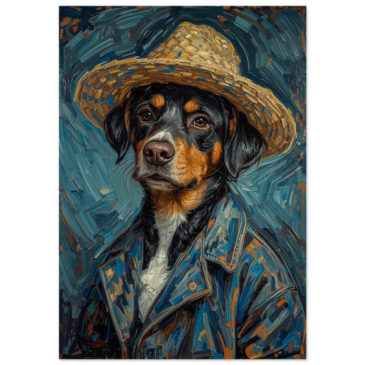 Impressionistisk hundposter med stråhatt och blå jacka i oljemålning