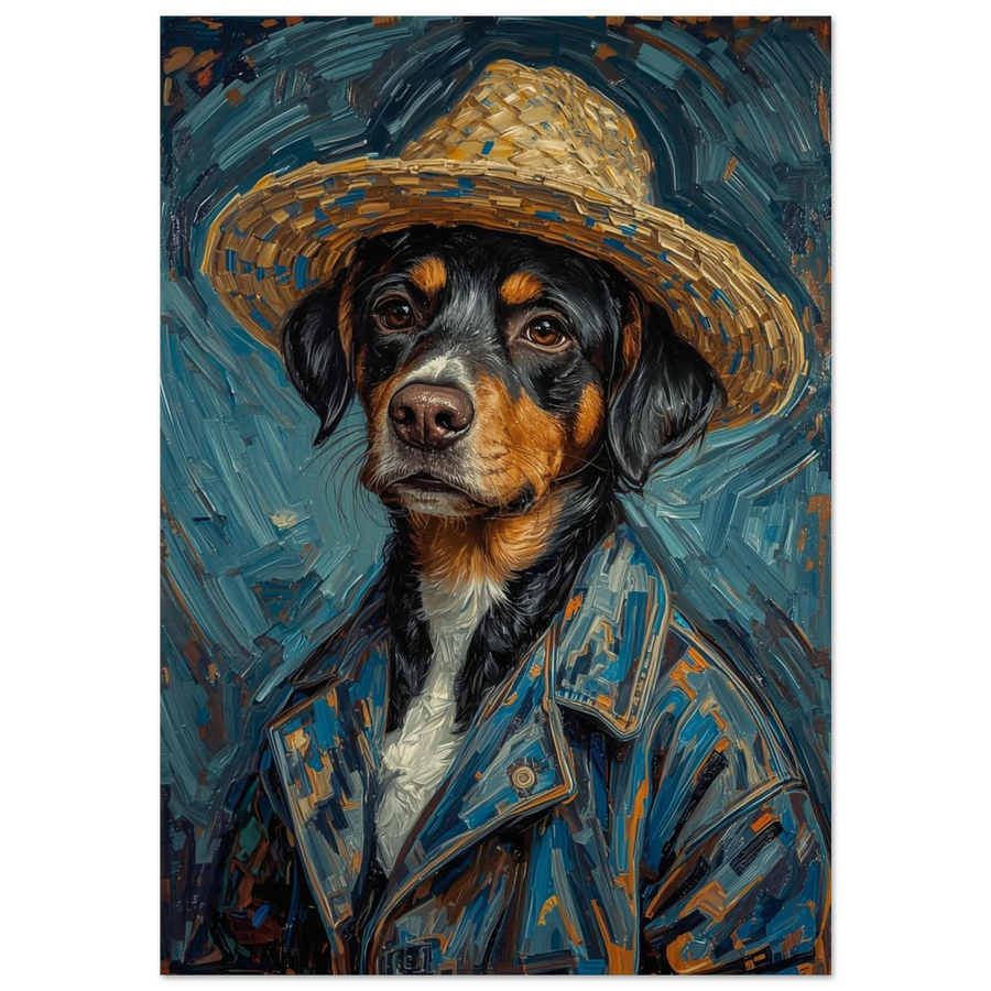 Impressionistisk hundposter med stråhatt och blå jacka i oljemålning
