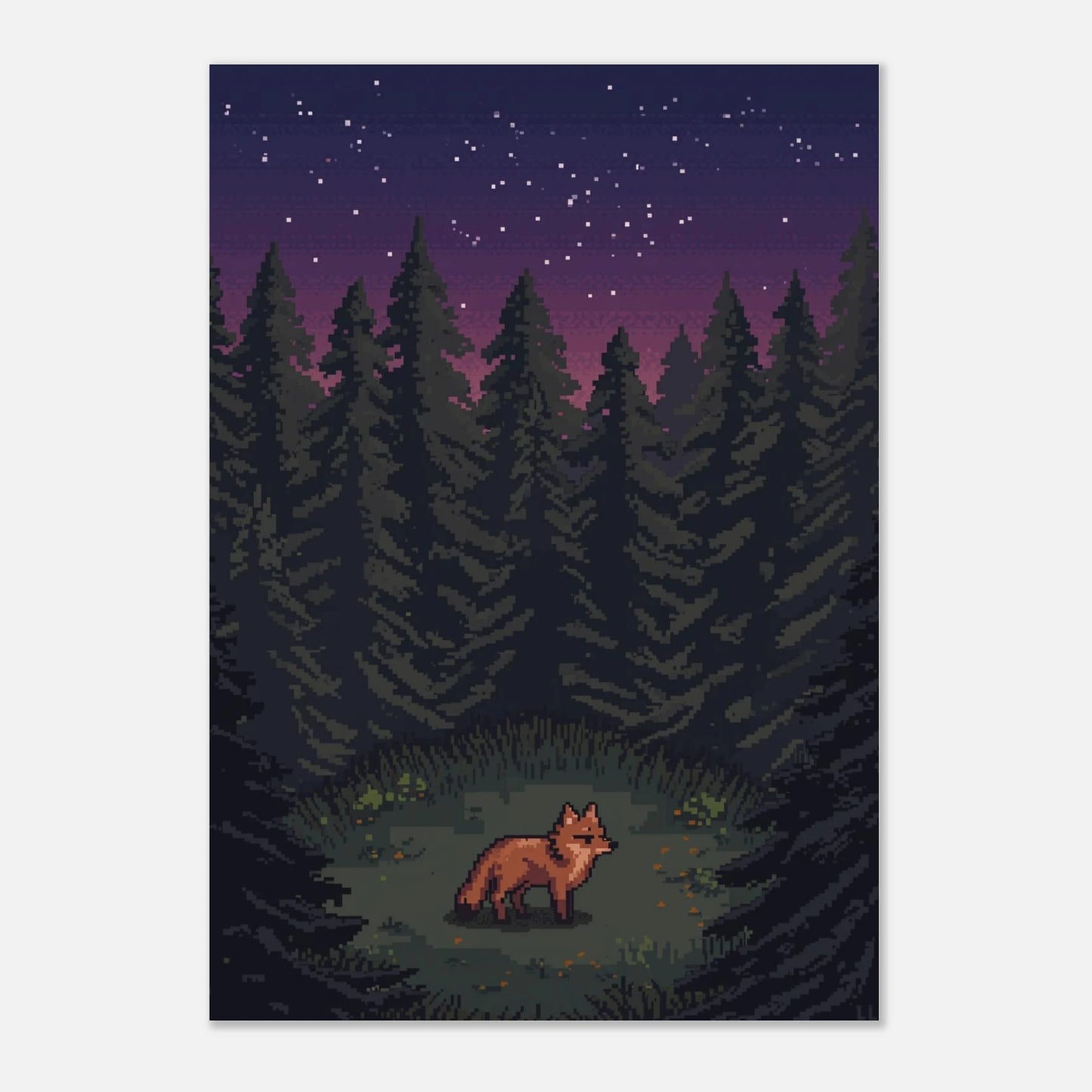 Inramad pixelposter av en röd räv i en mystisk glänta