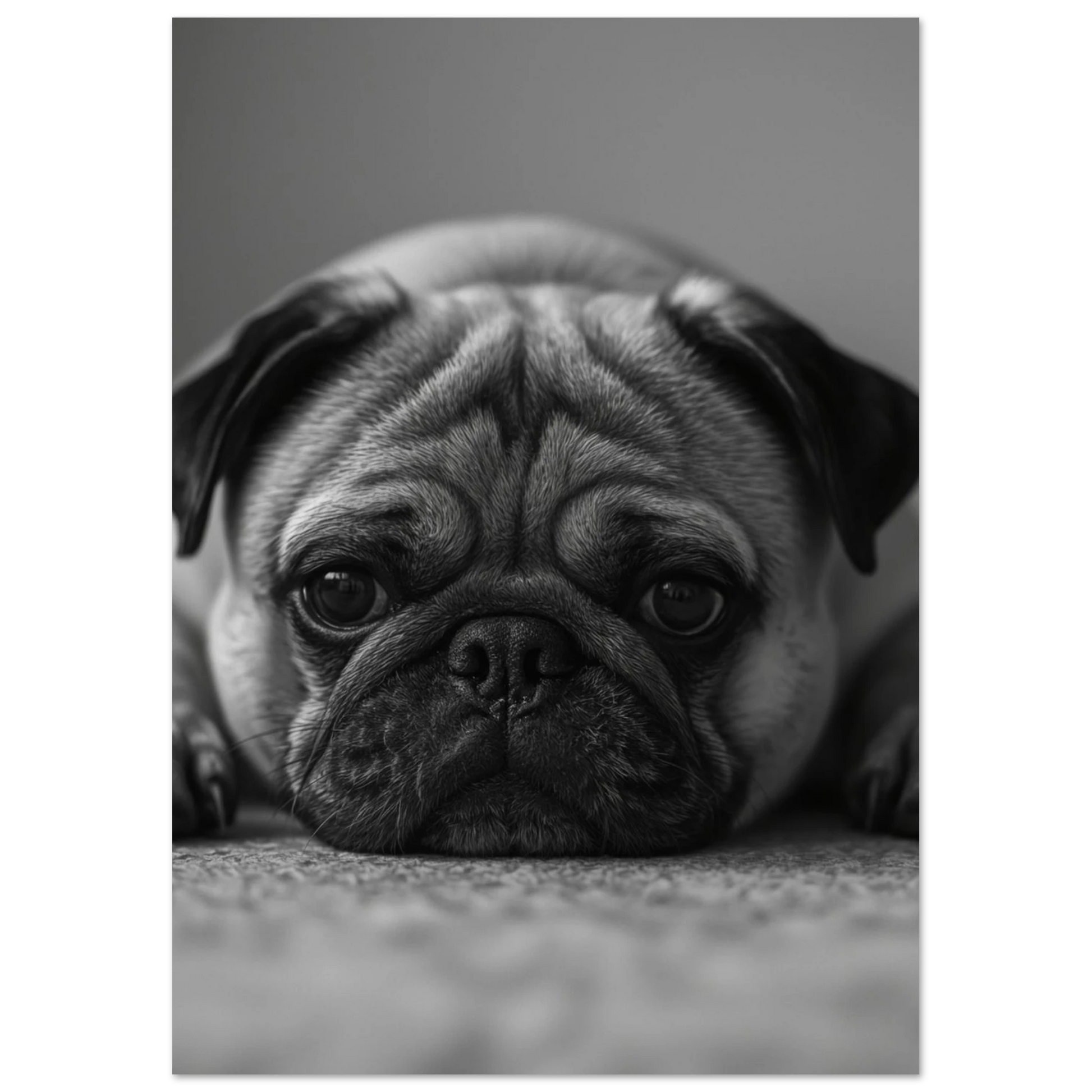 Konstnärligt hundporträtt av en mops i gråskala med mjuka skuggor
