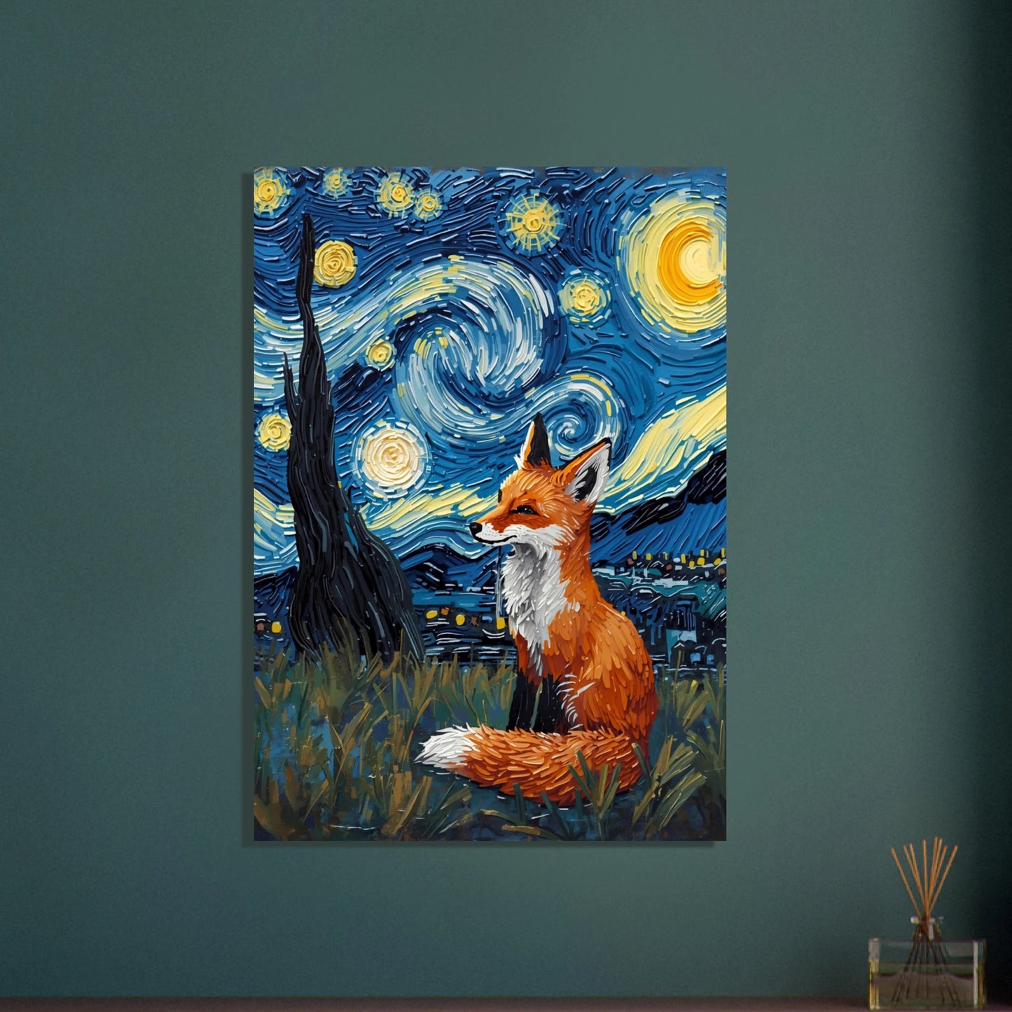 Räv i Van Gogh-inspirerat nattlandskap med virvlande stjärnhimmel