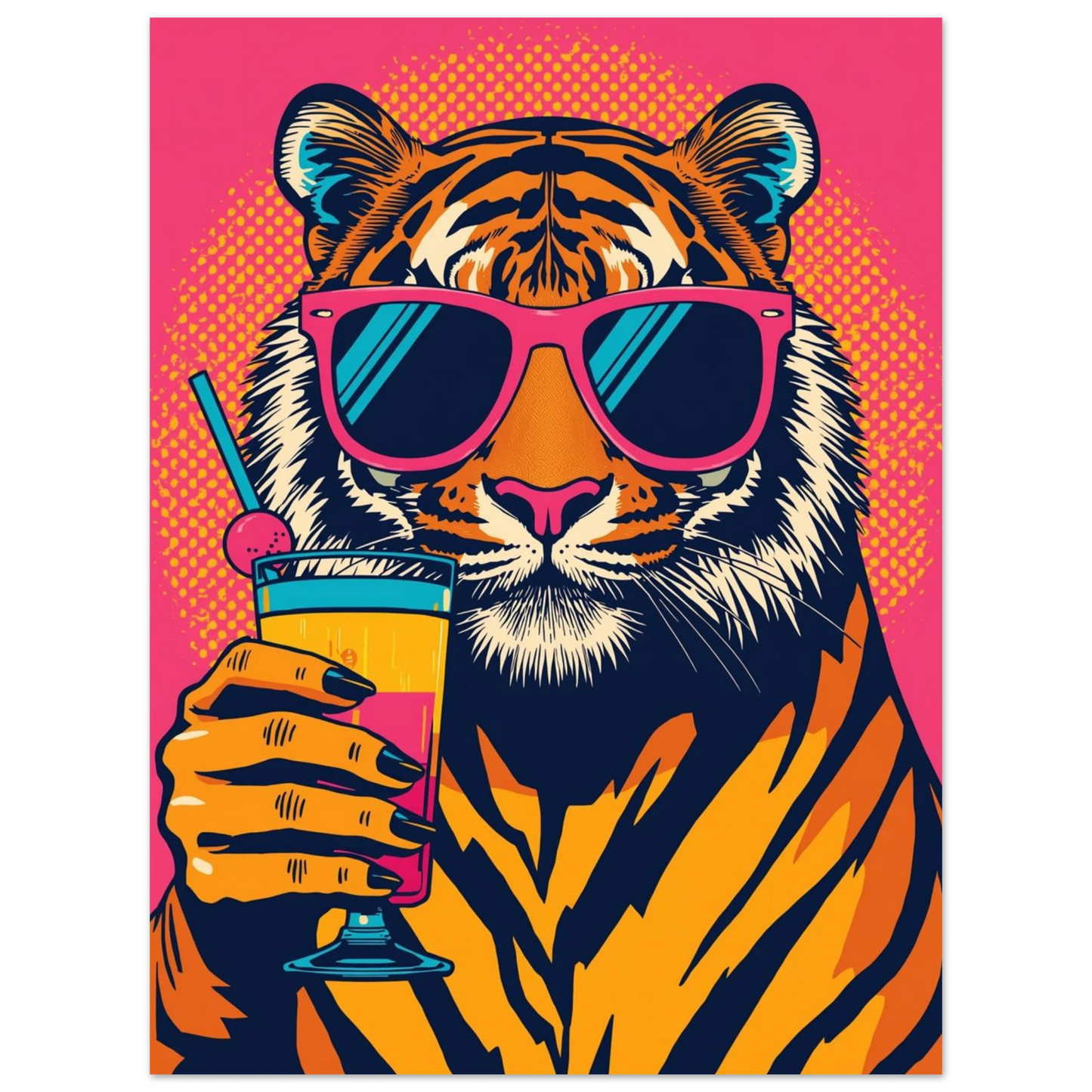Lekfull tiger med solglasögon och drink, grafisk illustration för vardagsrum