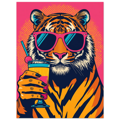 Lekfull tiger med solglasögon och drink, grafisk illustration för vardagsrum